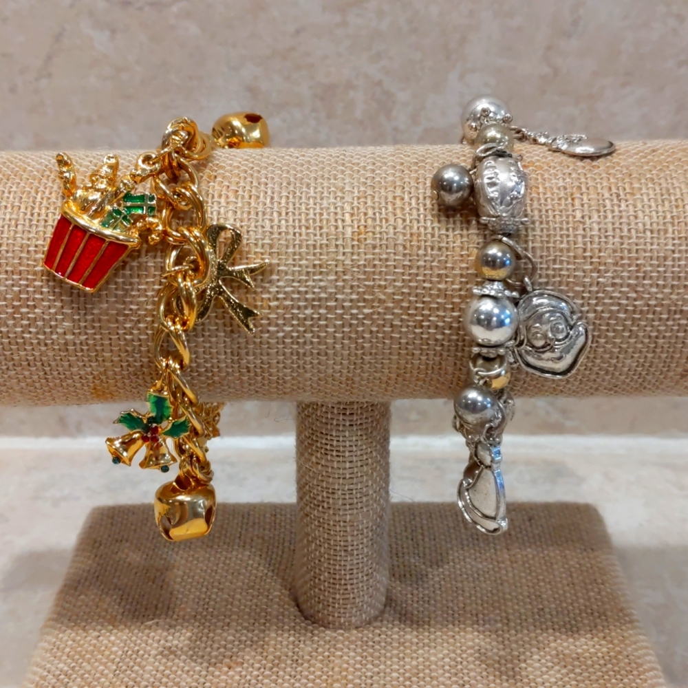 3 for $30 Lot of Two Christmas Themed Charm Bracelets Silver and Gold